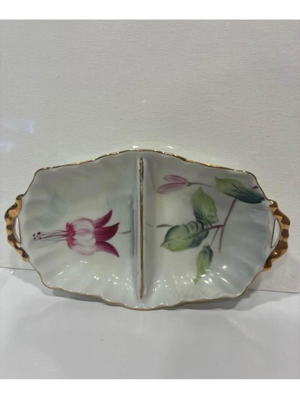 HB Hand Painted Fuchsia Flower Trinket Dish w Gold Trim
